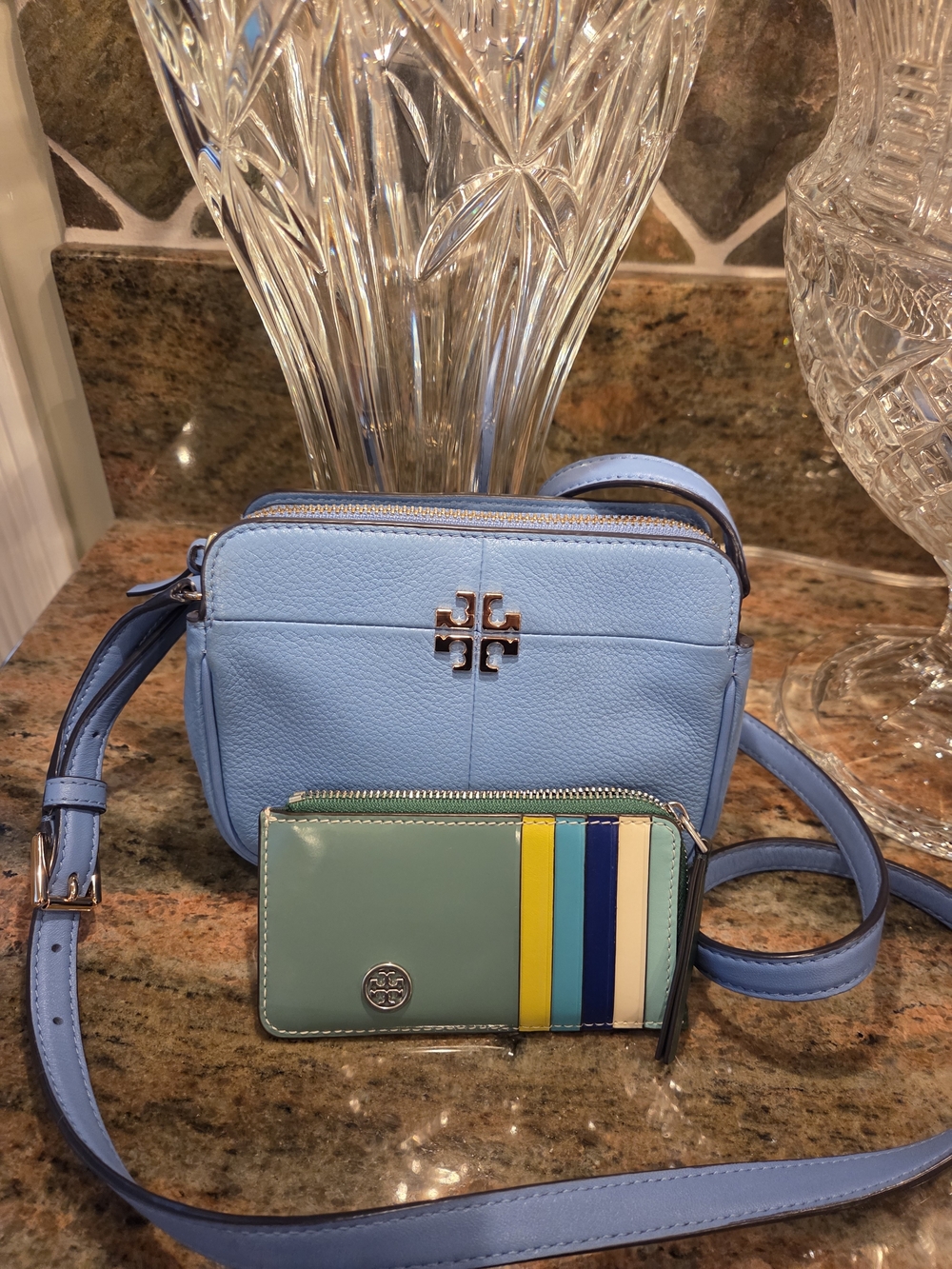 Tory Burch Light Blue Leather Crossbody Bag With Cardholder